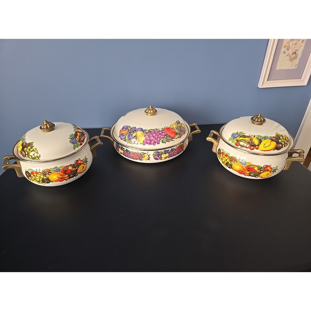 Vintage Enamel Cookware Cornucopia Dutch Oven Pots Brass With Lids Set of 3 EUC